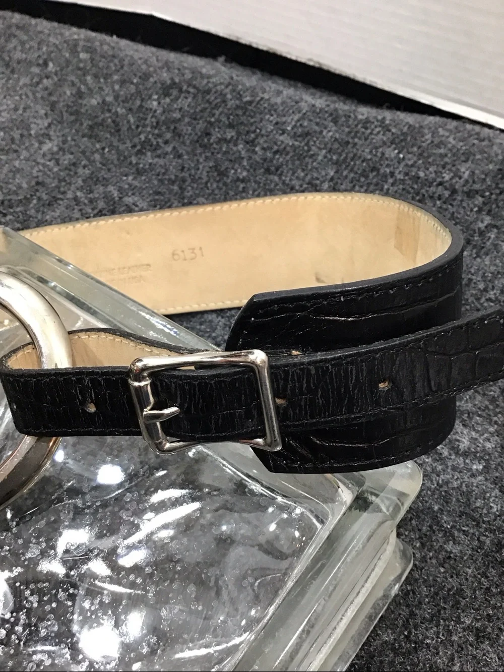 Vintage Cache Luxe croc embossed Black leather Wide Circle dbl Buckle Waist Belt